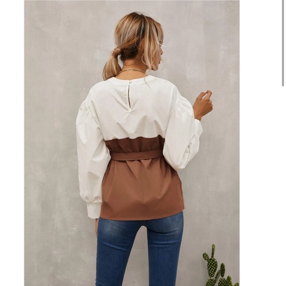 Layered Faux Belted Corset White Shirt Brown Detail Long Bishop Sleeves - Picture 3 of 6